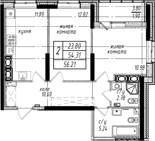 2-комнатная квартира 56.21 м², 21/25 эт., ЖК «Северная Долина»